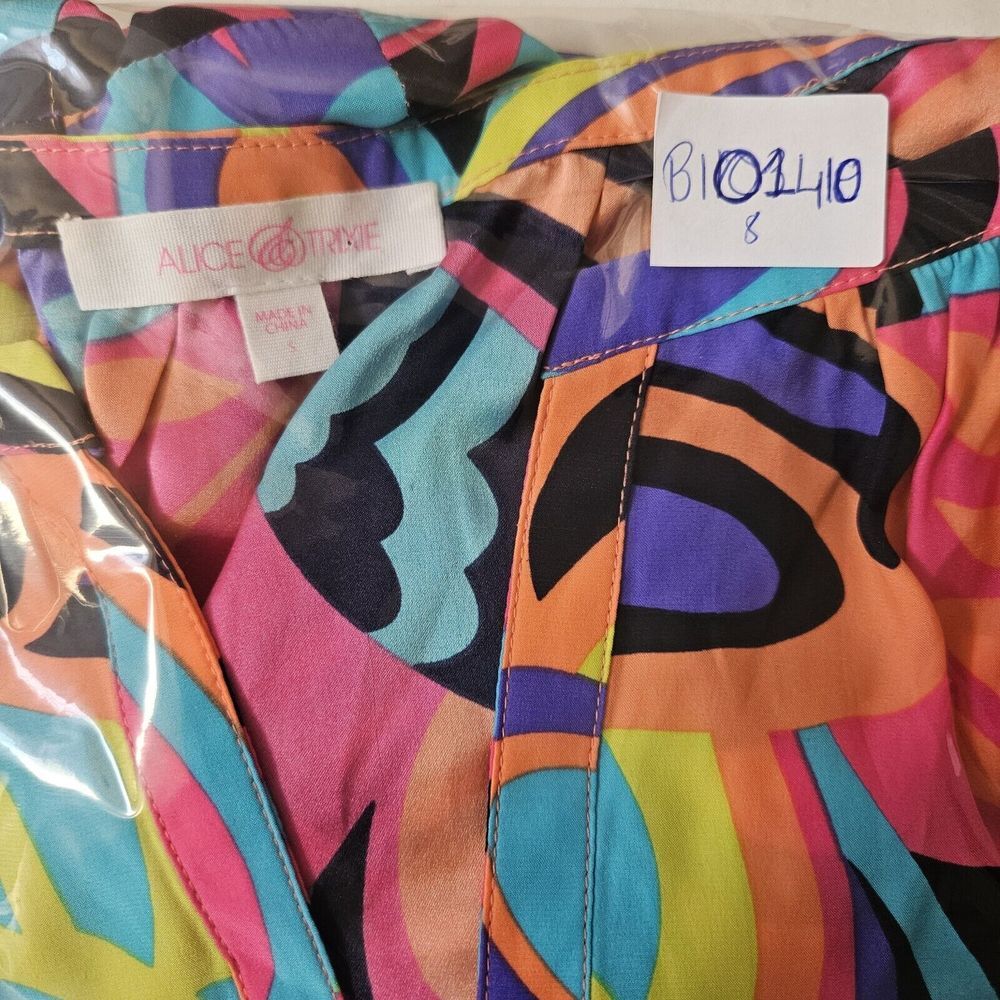 Alice Trixie Dress S 100% Silk Multicolor Abstract Tie Waist Mini‎ Boho Coastal - Picture 13 of 13
